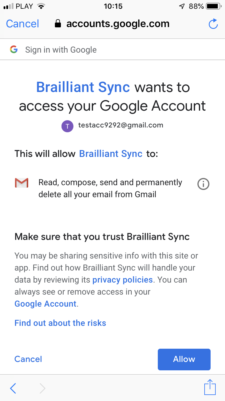 BrailliantSync OAuth consent screen shows the information that you are presented during the authorisation process